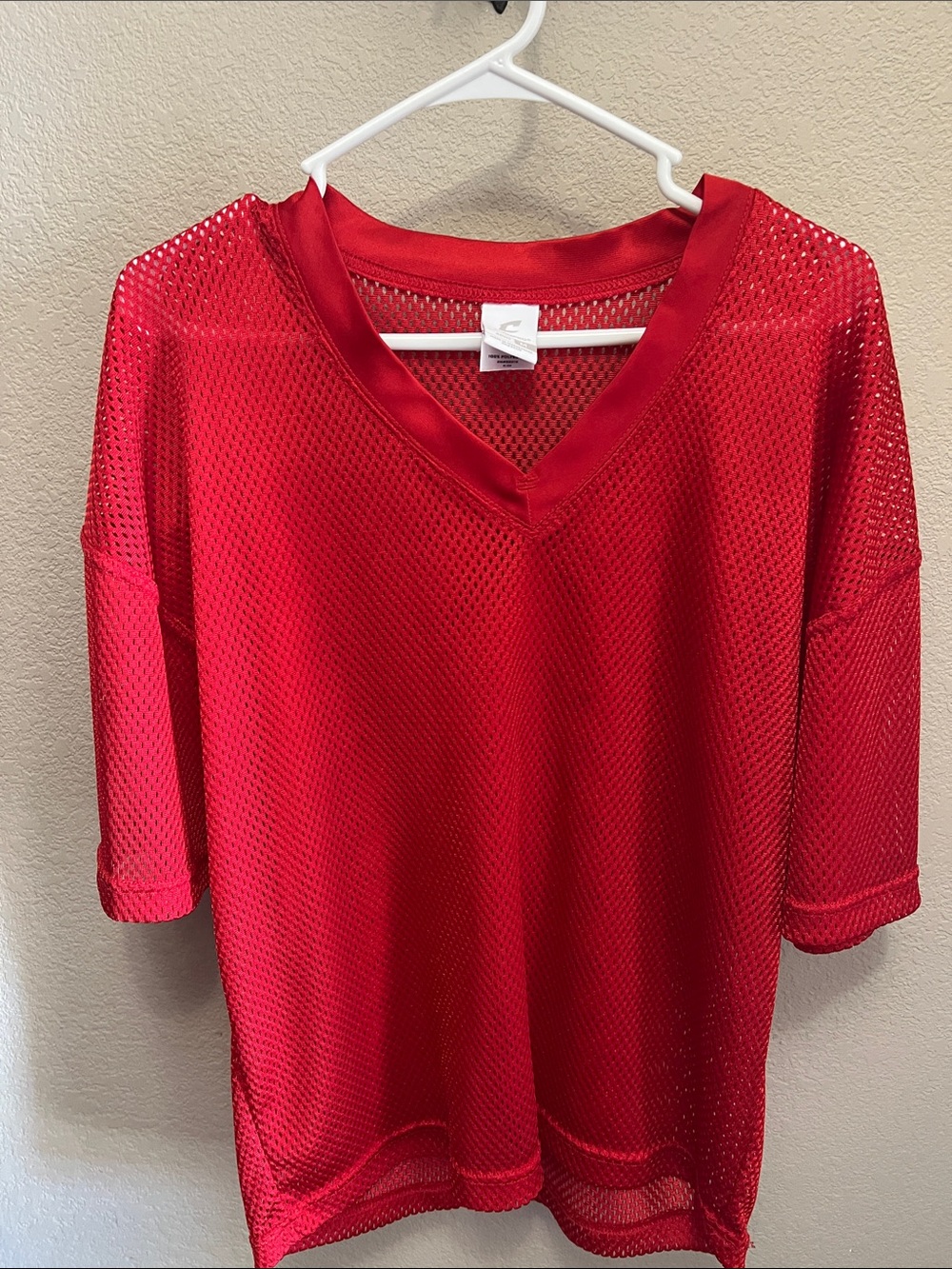 Women's Red Mesh V-Neck Jersey Top